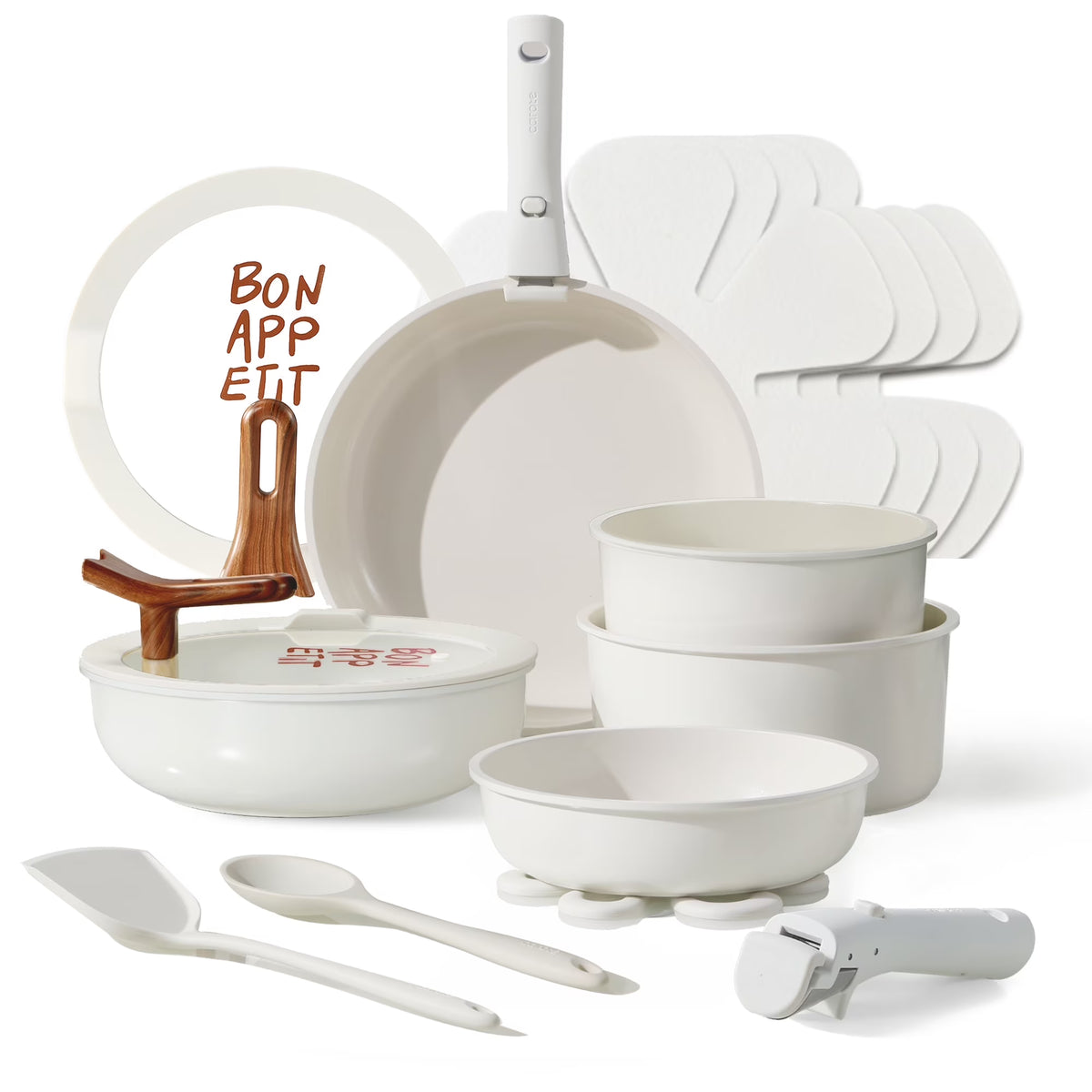 Carote 18 Pcs Ceramic Nonstick Cookware Set, Pots and Pans Set with Detachable Handles, Oven/Dishwasher Safe, Stackable Kitchen Cooking Set, White - image 1