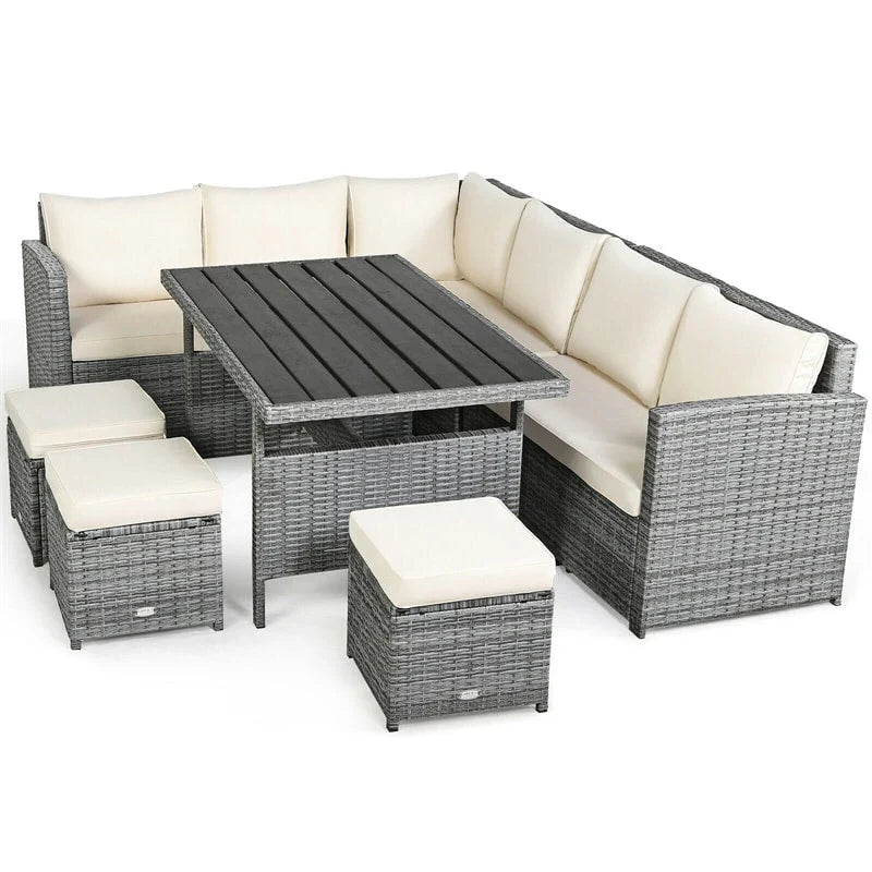 7 Pcs Rattan Patio Dining Furniture Sectional Sofa Set with Dining Table, Ottomans & Cushions - image 8