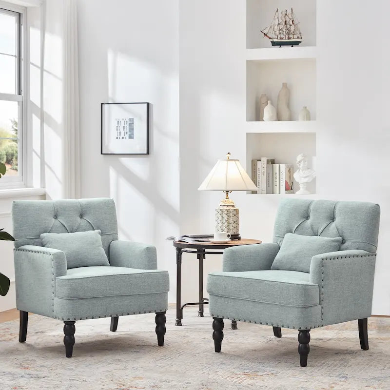 Set of 2 Arm Chair Upholstered Button Tufted Accent Chair with Lumbar Pillow Beige/ Grey/ Light Blue - image 8