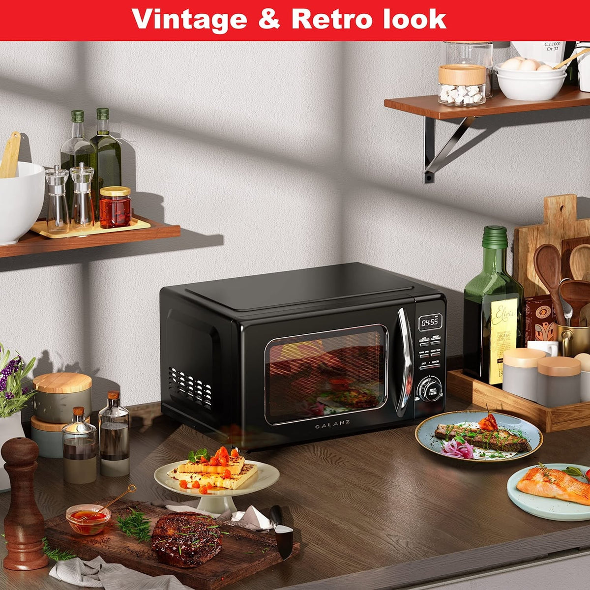 Galanz Retro Countertop Microwave Oven with Auto Cook & Reheat, Defrost, Quick Start Functions, Easy Clean with Glass Turntable, Pull Handle, .9 cu ft, Black - image 2