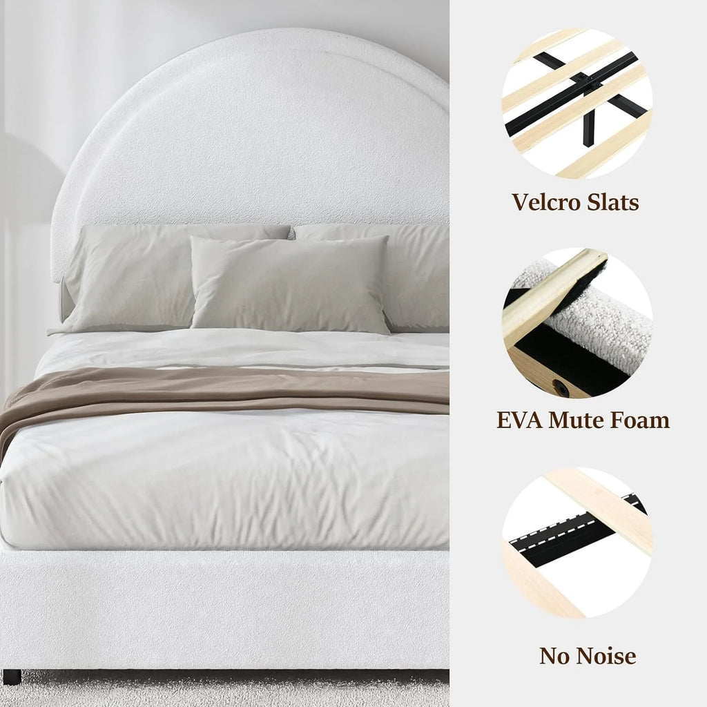 4 EVER WINNER Queen Size Bed Frame, Boucle Upholstered Bed Frame with Headboard, White Queen Bed Frame, White - image 3