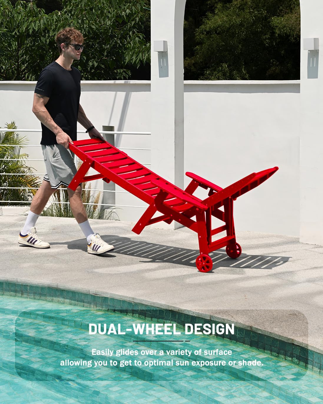Lounge Chair Outdoor, Chaise Lounge, HDPE 6-Position Outdoor Chaise Lounge, Patio Lounge Chair with Wheels & Cup Holder for Pool Poolside Deck Backyard, Teak - image 17