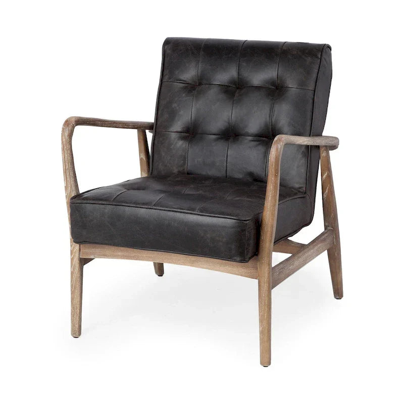 Phineas Black Genuine Leather Accent Chair with Brown Solid Wood Frame - image 3