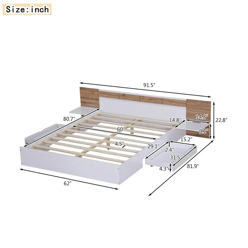 Natural Queen Size Platform Bed with Headboard, Storage Drawers, Shelves, USB Ports, and Outlets - image 6