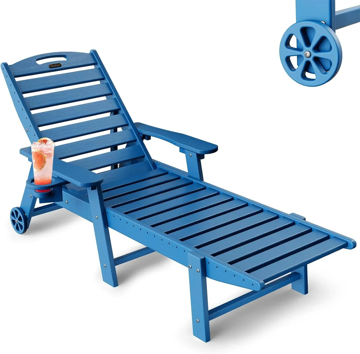 Lounge Chair Outdoor, Chaise Lounge, HDPE 6-Position Outdoor Chaise Lounge, Patio Lounge Chair with Wheels & Cup Holder for Pool Poolside Deck Backyard, Teak - image 3