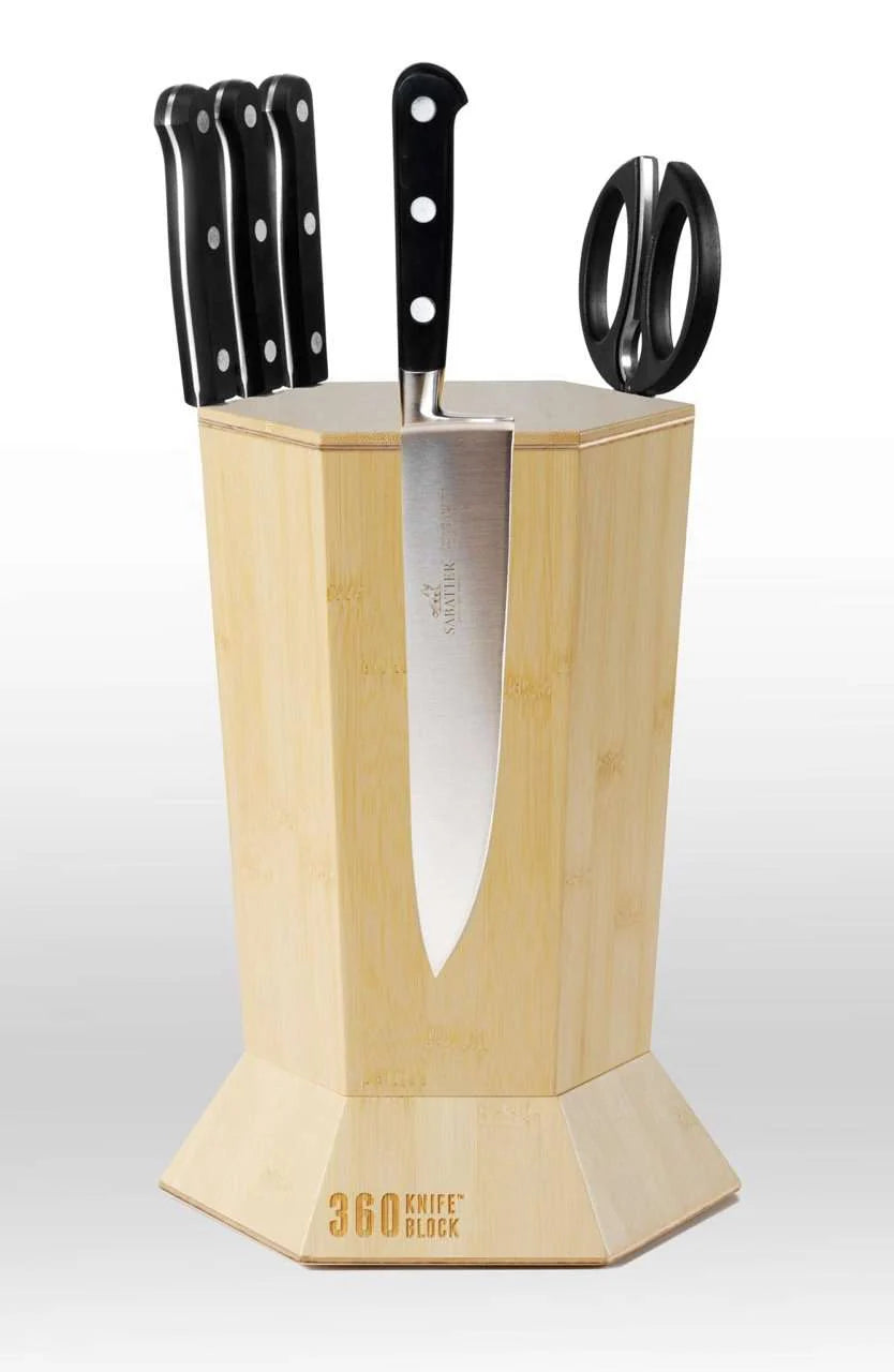 360 Knife Block – Blonde Bamboo ROTATING – Magnetic – BEST Universal Knife Block - image 1