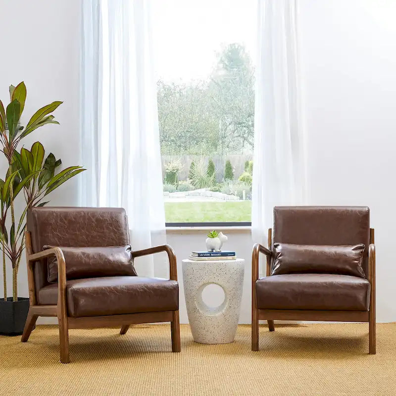 Glitzhome Set of 2 Mid-Century Modern PU Leather Accent Chairs - 30.75H with Cushions (25.75W x 33.75D) - image 4