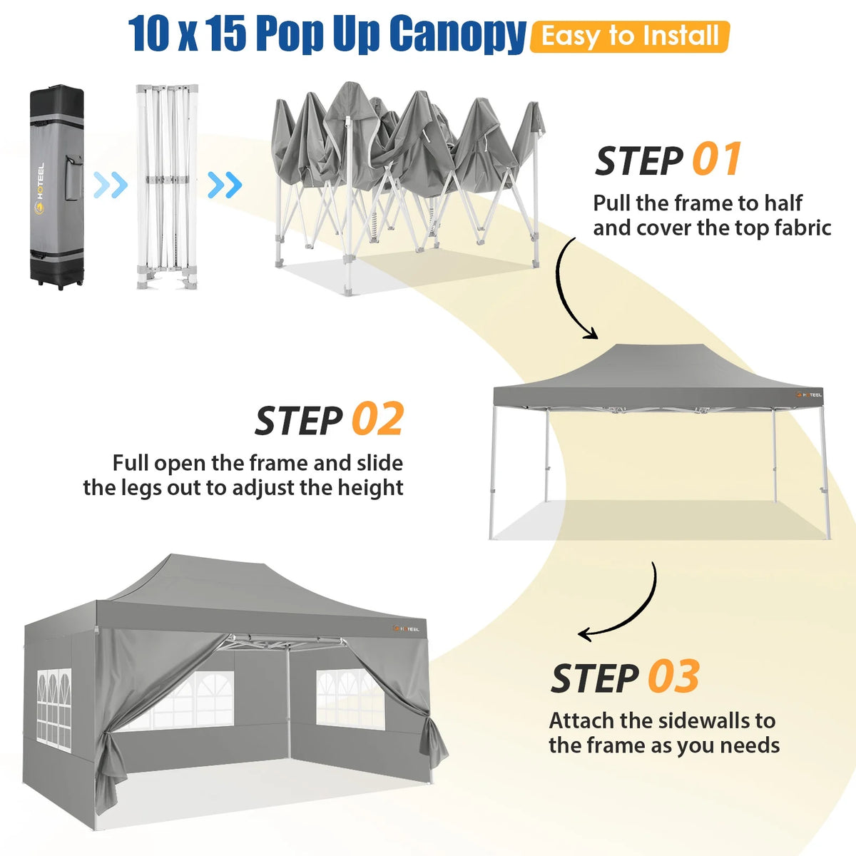 HOTEEL 10x15 Heavy Duty Canopy Tent - Commercial Pop Up with UV50+, Thick Hexagonal Frame, 4 Sidewalls, Anti-Pooling Design & Roller Bag (Black) - image 25