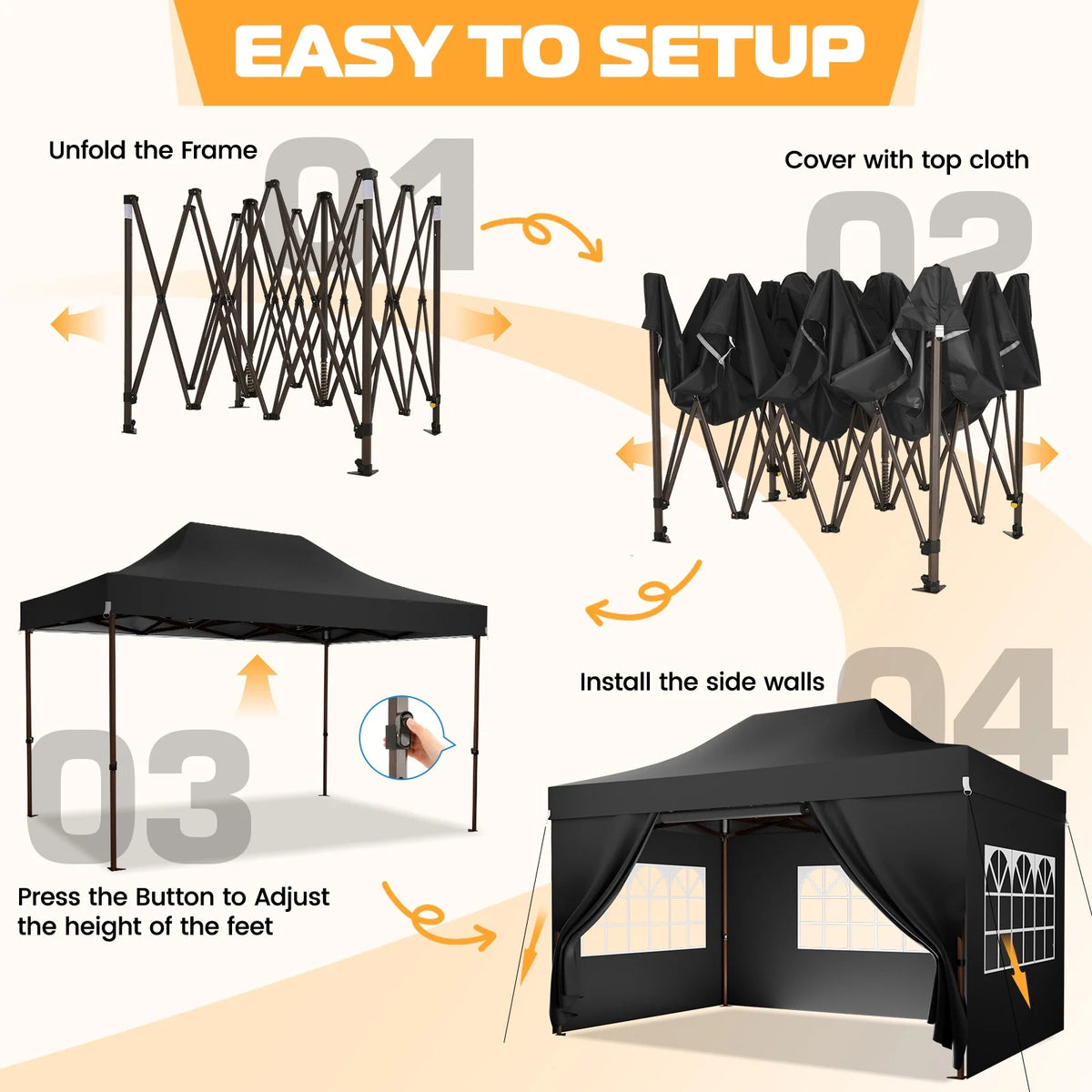 COBIZI 10x15 Pop Up Canopy Tent Heavy Duty with Sidewall, Commercial Outdoor Easy Pop Up Gazebo for Party Wedding All Weather Waterproof UV 50+ with Roller Bag(Leg Upgraded),Black - image 6