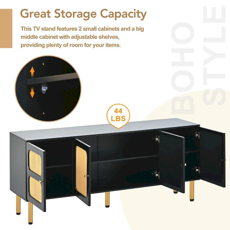 Bohemian Country Wood and Rattan TV Stand Media Console Storage Cabinet - Dimensions: 16.9" x 64.9" x 28.3" - image 6