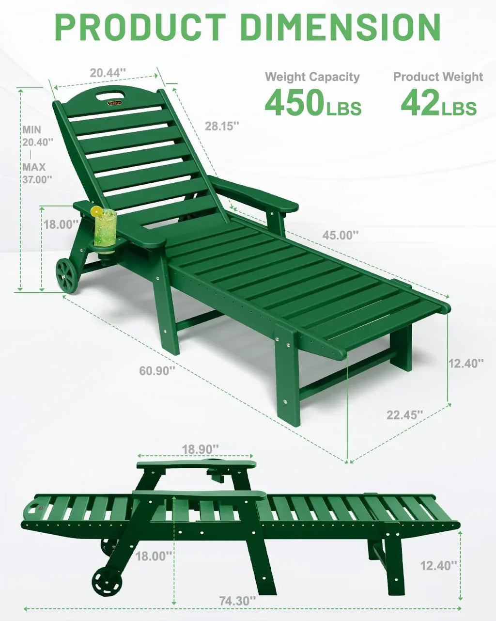 Lounge Chair Outdoor, Chaise Lounge, HDPE 6-Position Outdoor Chaise Lounge, Patio Lounge Chair with Wheels & Cup Holder for Pool Poolside Deck Backyard, Teak - image 32