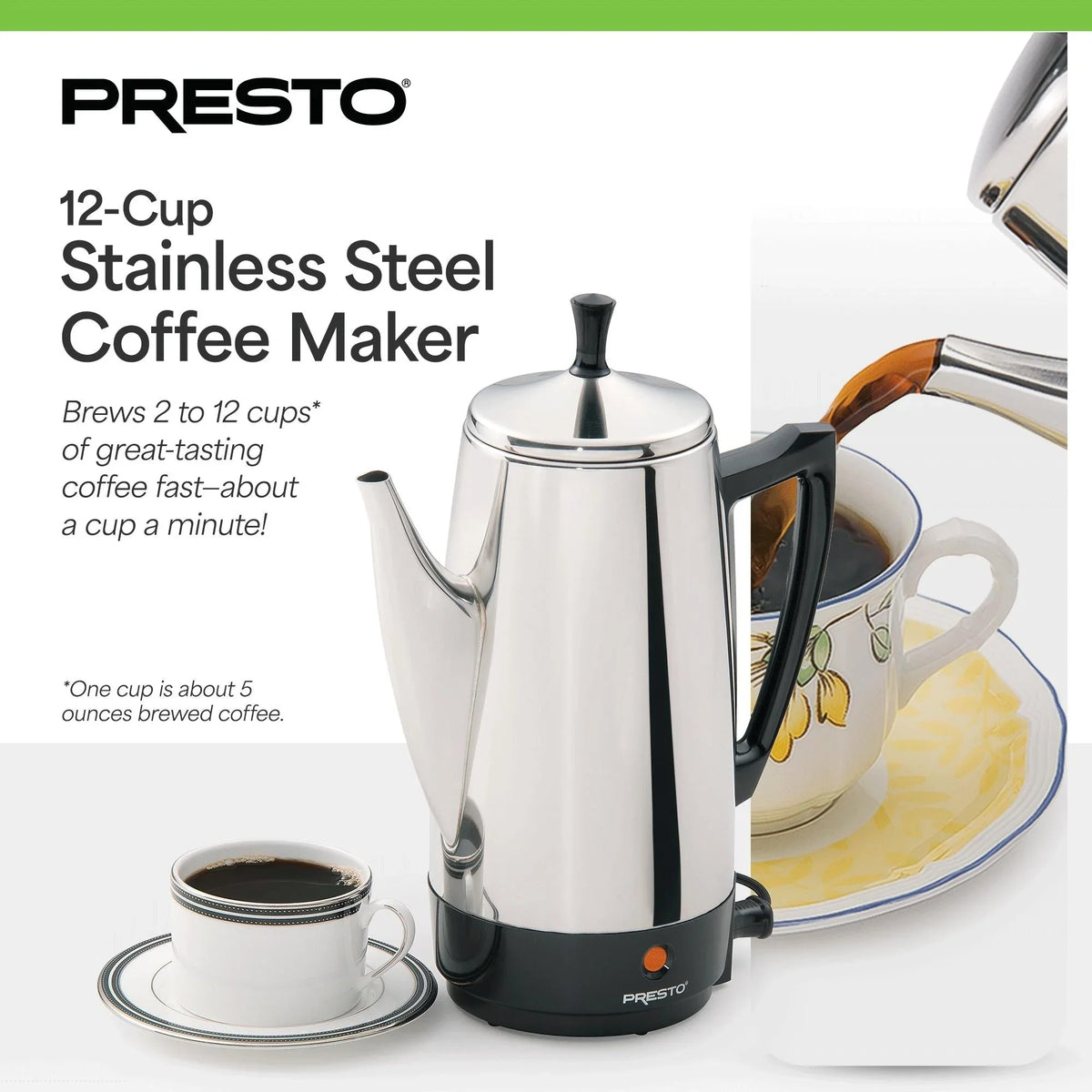 Presto Stainless Steel Coffee Maker, 12 Cup Robust Percolator Coffee, Silver - 2.79 - image 2