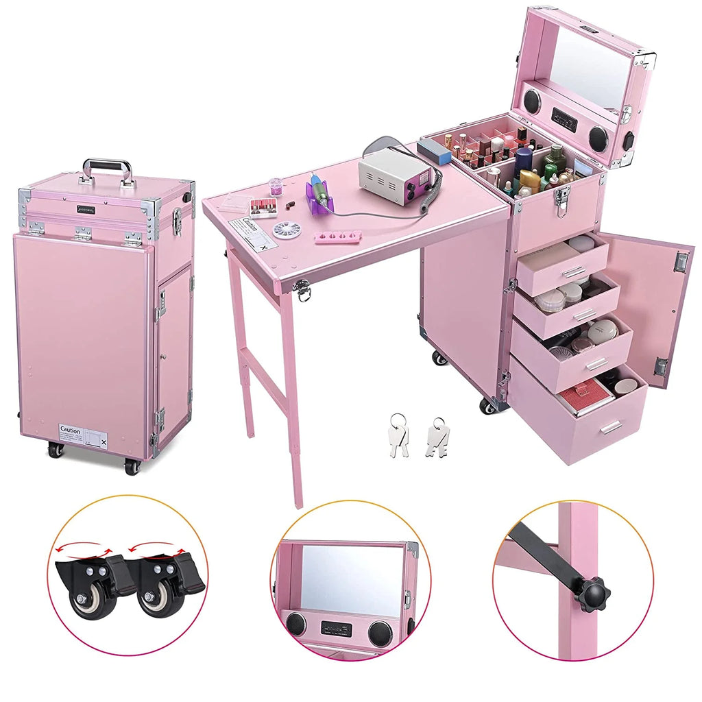 BYOOTIQUE Nail Desk Mobile Station Rolling Makeup Train Case Trolley Cosmetic Manicure Table Mirror 4 Drawers Pink - image 2