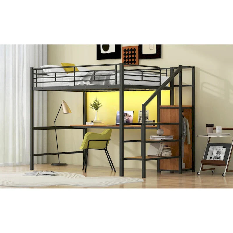 Complete Loft Bed Set with Desk, Storage Staircase, Compact Wardrobe, and LED Lighting - image 9