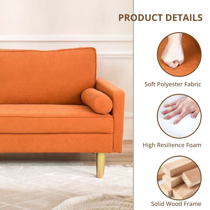 Elegant 65-Inch Orange Polyester 2-Seater Loveseat with Side Pockets and Round Cushions - image 7