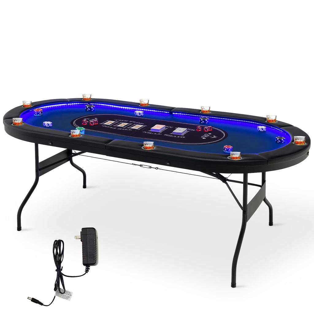 Costway Foldable, USB Ports, LED Lights 10 Player Poker Table, Blue/Black - image 1