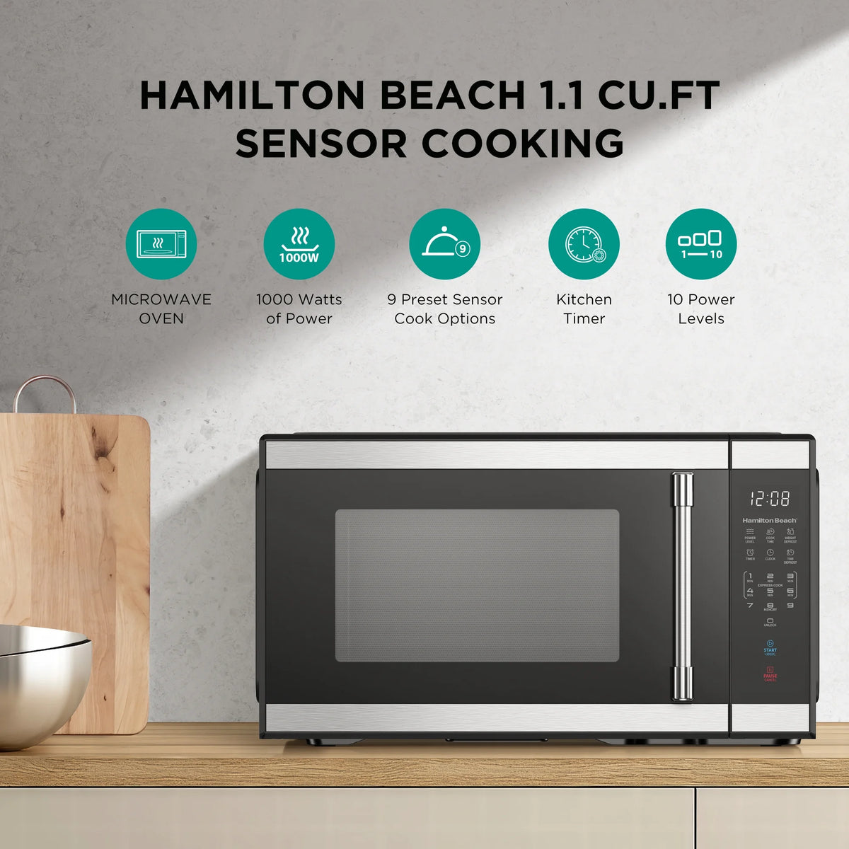 Hamilton Beach 1.1 cu ft Countertop Microwave Oven, Black and Stainless Steel - image 2
