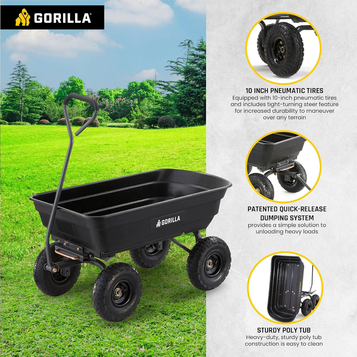 Heavy Duty Poly Utility Dump Wagon Garden Cart w/Pneumatic Tires, 6 Cu Ft - 1200 lb Capacity Outdoor Wheelbarrow for Yard, Landscaping & Gardening, Lawn Tractor or ATV Towable-Gorilla Carts - image 27