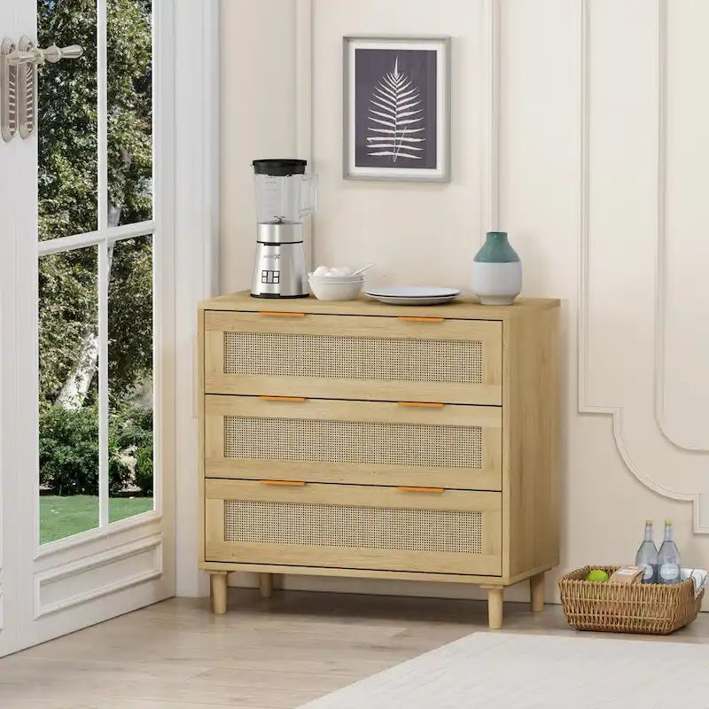 Oak Storage Cabinet with 3 Rattan Drawers - Dimensions: 31.5L x 15.55W x 30.12H - image 7