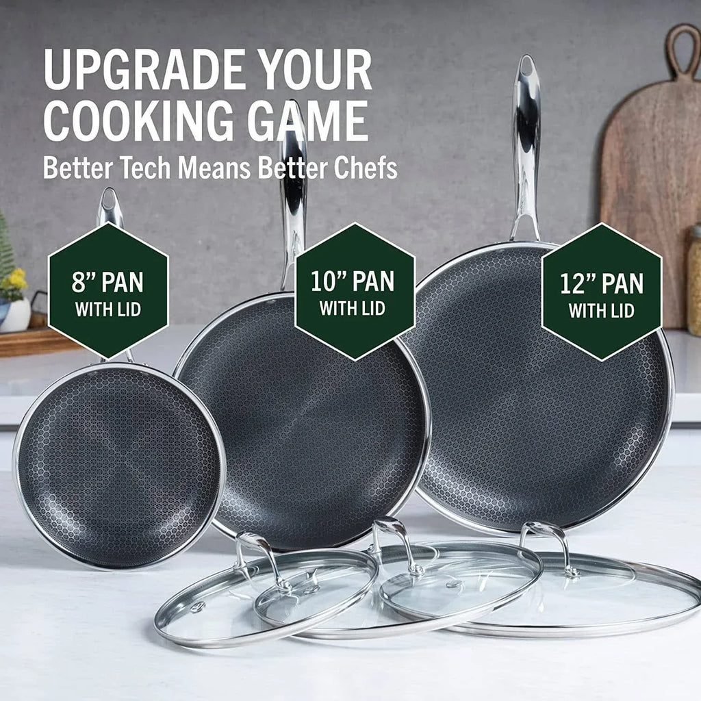 HexClad 6 Piece Hybrid Stainless Steel Cookware Pan Set 8 inch, 10 inch, 12 inch with Glass Lids, Size: One size, Black - image 14