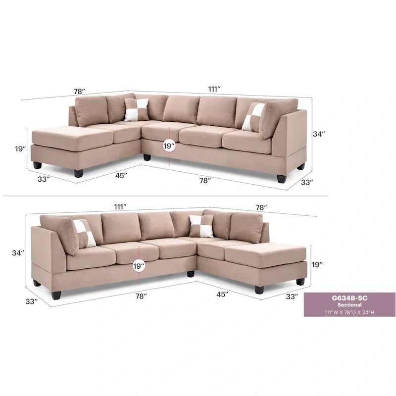 Malone 111-Inch Suede 4-Seater Sectional Sofa with Two Throw Pillows - Dimensions: 111L x 78W x 34H - image 30