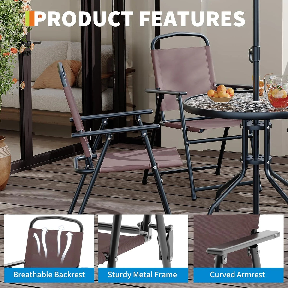 6 Pieces Outdoor Dining Set With Umbrella, Patio Table and 4 Folding Chairs With Umbrella, Garden Patio Furniture Set With Umbrellas, Tempered Glass Top Dining Table - image 23