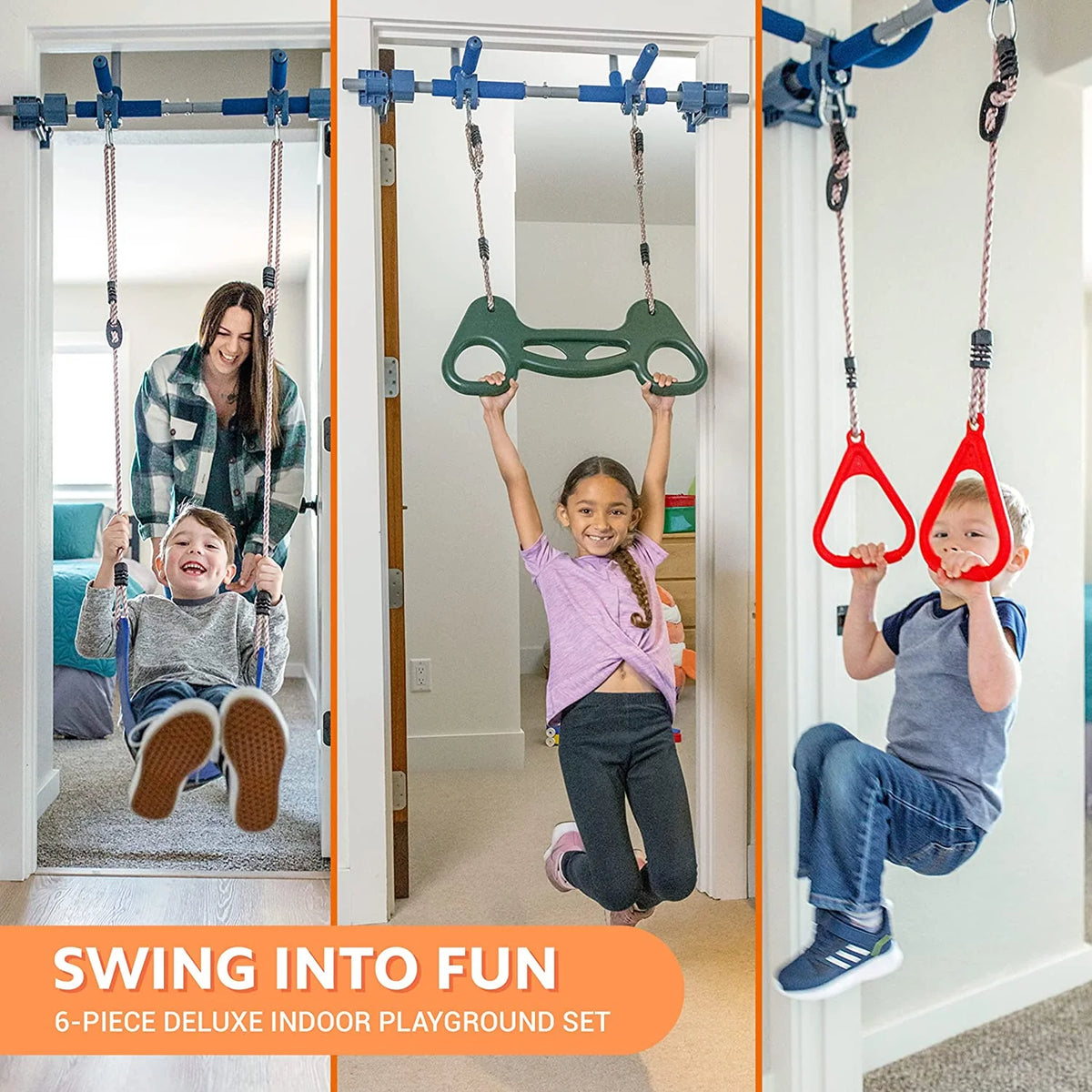 6 Piece Indoor Doorway Gym Set for Kids – Indoor Swing for Kids Includes Kids Swing Chair, Rings, Hanging Trapeze, Ladder, Swinging Rope & Pullup Bar - image 8