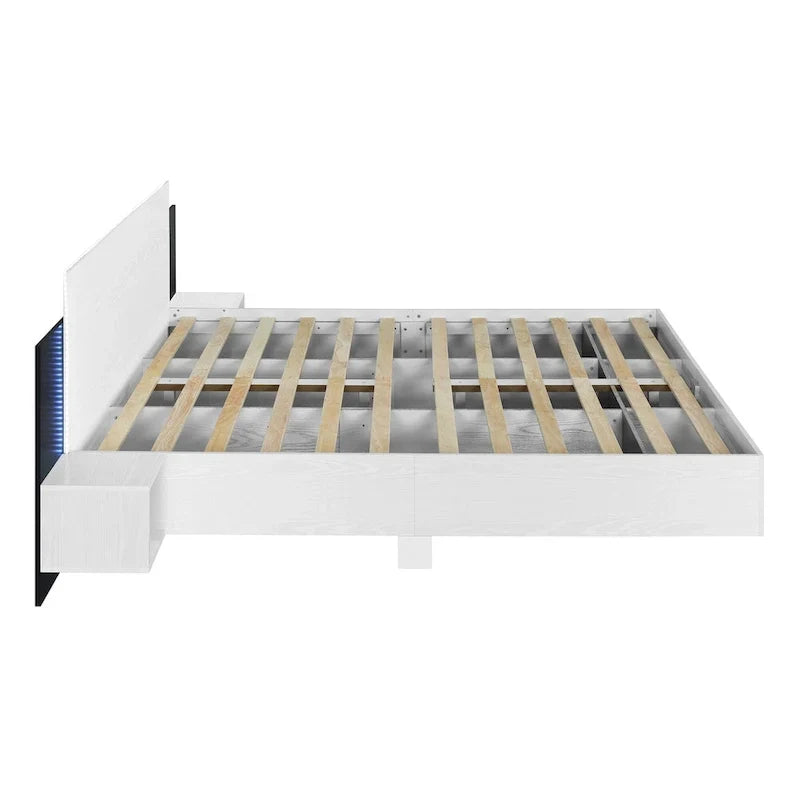 Modern King Size Wooden Floating Bed Frame with Nightstand and LED - Slatted Support Design - image 28