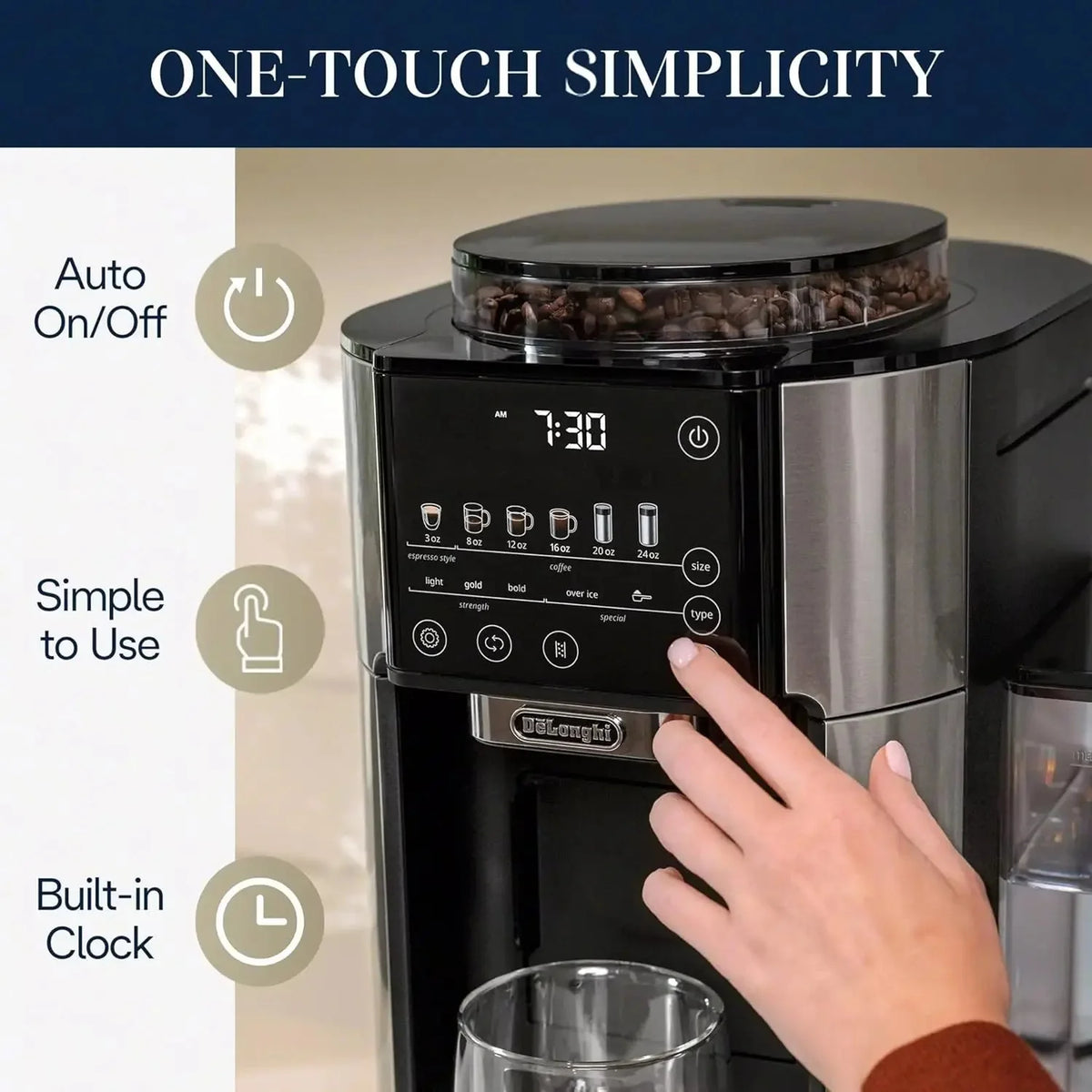 De'Longhi TrueBrew Drip Coffee Maker with Built-in Grinder, Programmable, 6 Brew Sizes, 5 Styles, Stainless Steel, Silver Black - image 4