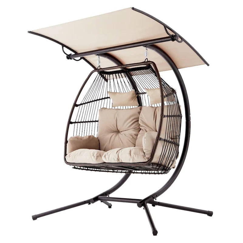 Outdoor Swing Loveseat with Stand, Foldable Hanging Chair, Hammock Cushion, and Awning, Double Egg Chair - Beige - image 18