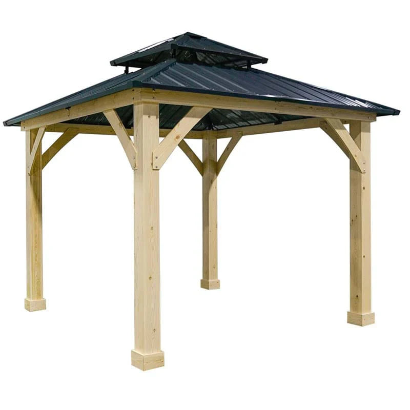 10 x 10 FT Outdoor Patio Hardtop Gazebo with Wood Frame & 2-Tier Metal Roof, All-Weather Gazebo Pergolas Shelter - image 5