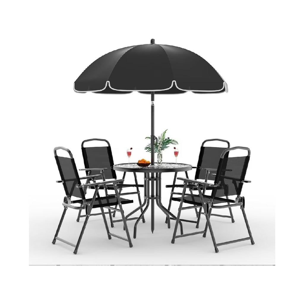 6 Pieces Outdoor Dining Set With Umbrella, Patio Table and 4 Folding Chairs With Umbrella, Garden Patio Furniture Set With Umbrellas, Tempered Glass Top Dining Table - image 1