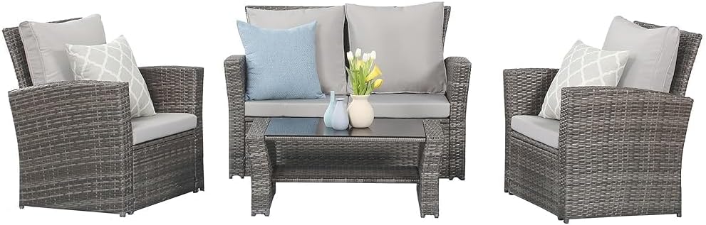 Wisteria Lane 4 Piece Outdoor Patio Furniture Sets, Wicker Conversation Set for Porch Deck, Grey Rattan Sofa Chair with Cushion Blue - image 25