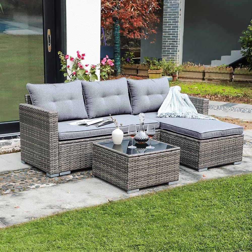 JOIVI 3 Pieces Patio Conversation Set, PE Wicker Rattan Outdoor Furniture Set, 2 Ways Small Sectional Sofa, Tempered Glass Coffee Table, Silver-Gray - image 1