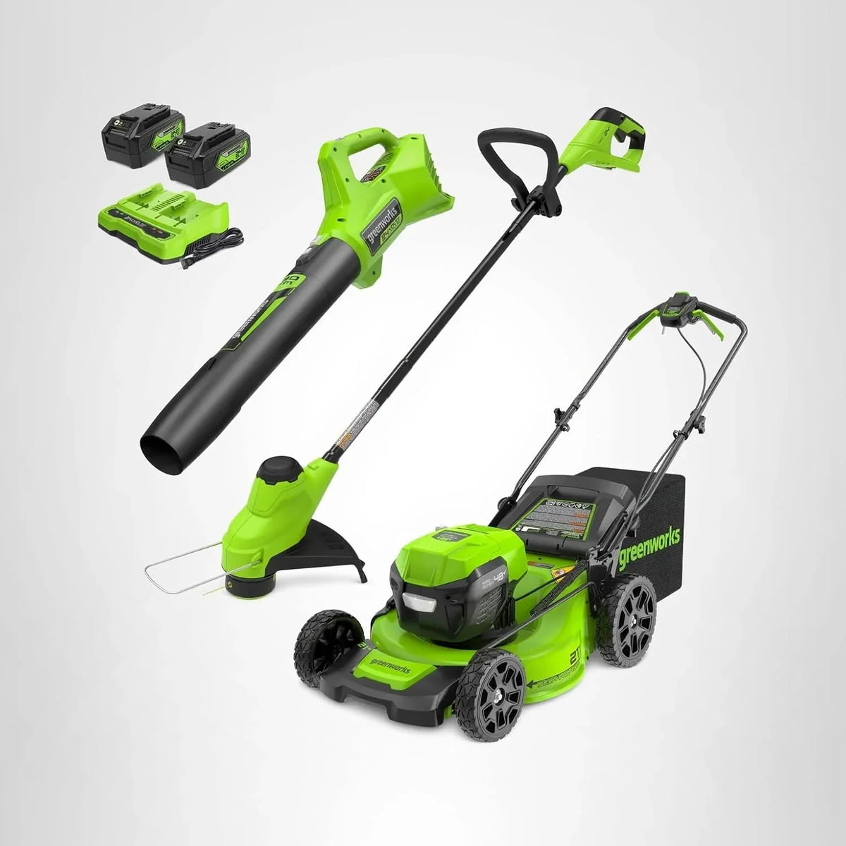 Greenworks 48V (24V x 2) 21" Brushless Self-Propelled Mower+12" String Trimmer+320CFM Blower - image 1