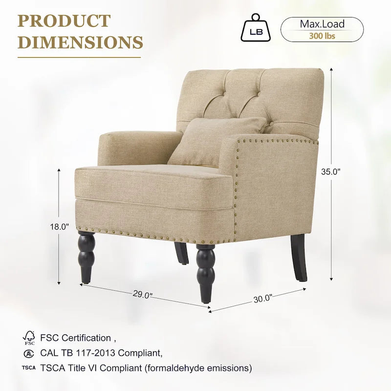 Set of 2 Arm Chair Upholstered Button Tufted Accent Chair with Lumbar Pillow Beige/ Grey/ Light Blue - image 42