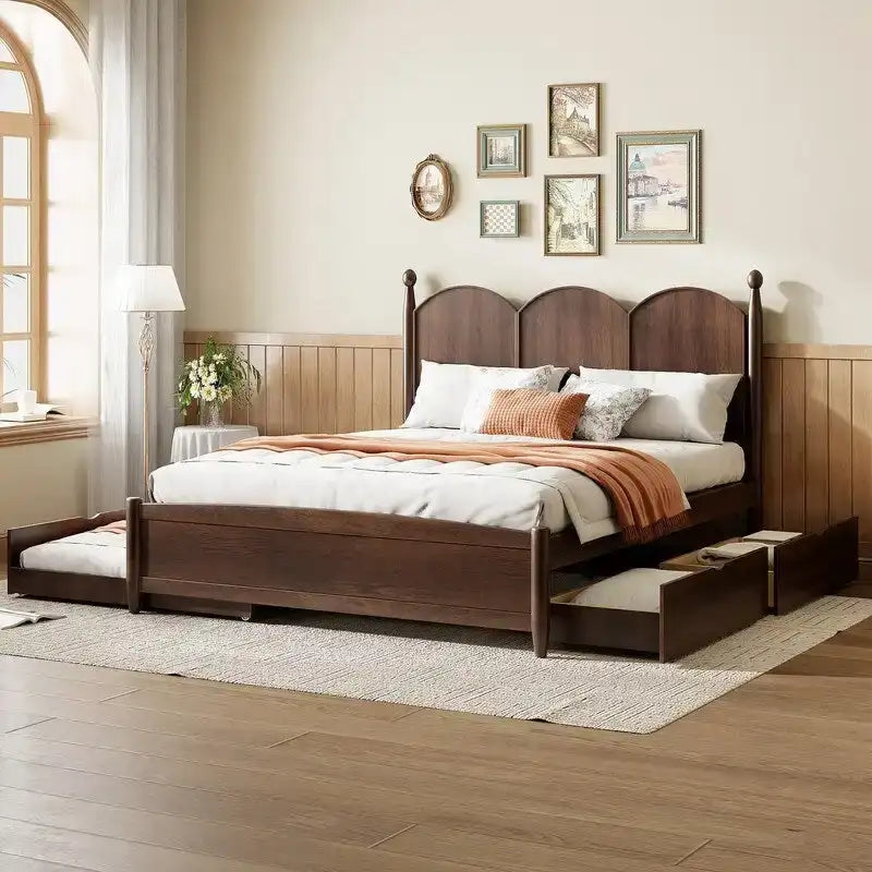 Queen Size Platform Bed with Vintage Headboard - Multifunctional Storage Frame Featuring Twin XL Trundle & 2 Drawers - image 2