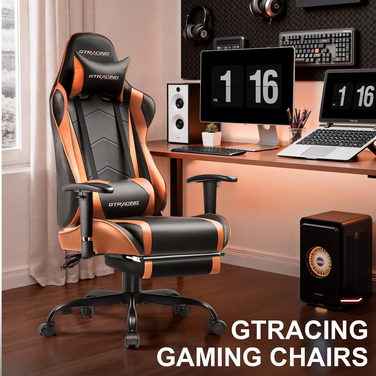 GTRACING Gaming Chair, Ergonomic Office Desk Chair with Lumbar Support, PU Leather, Footrest & Adjustable Headrest, Red - image 45