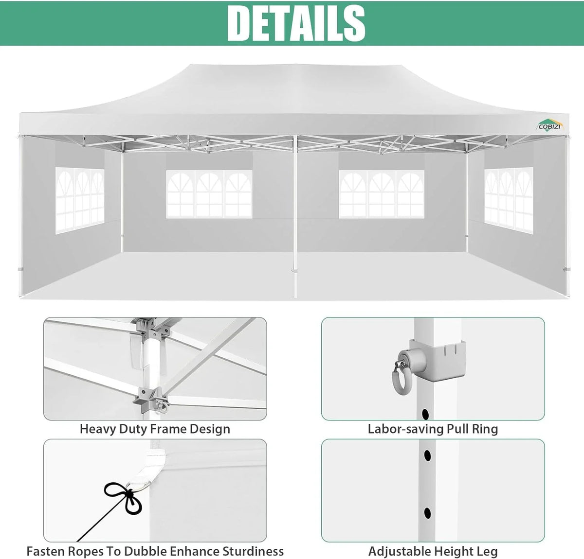 COBIZI 10x20 Heavy Duty Pop up Canopy Tent with 6 sidewalls Easy Up Commercial Outdoor Canopy Wedding Party Tents for Parties All Season Wind & Waterproof Gazebo with Roller Bag,Black(Frame Thickened) - image 163