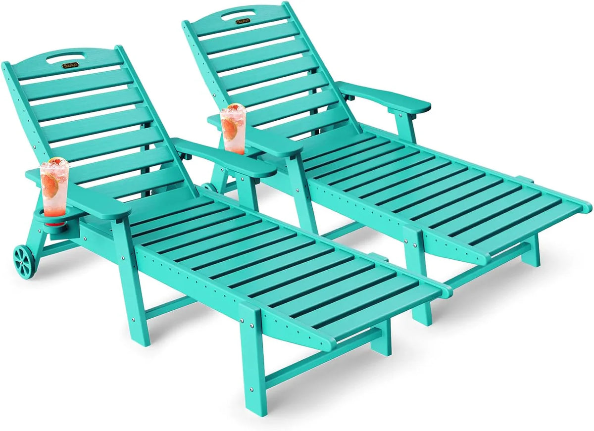 Lounge Chair Outdoor, Chaise Lounge, HDPE 6-Position Outdoor Chaise Lounge, Patio Lounge Chair with Wheels & Cup Holder for Pool Poolside Deck Backyard, Teak - image 15
