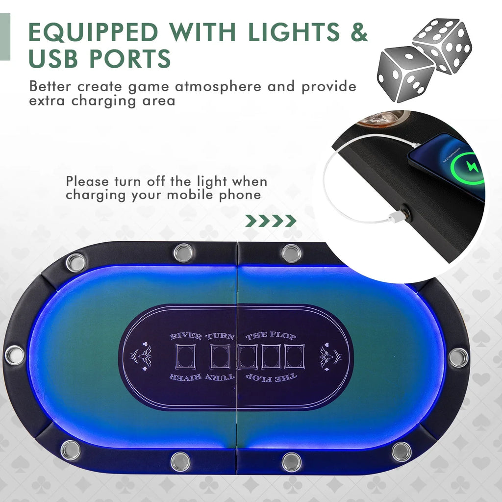 Costway Foldable, USB Ports, LED Lights 10 Player Poker Table, Blue/Black - image 17