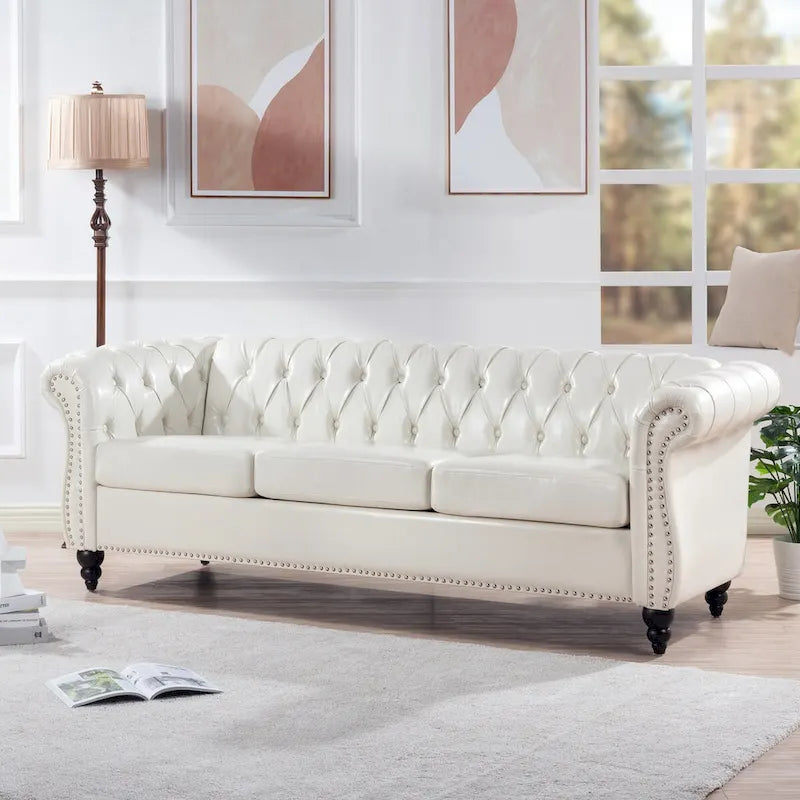 Cream 84.65 Traditional Chesterfield 3-Seater Sofa in PU Leather - image 4