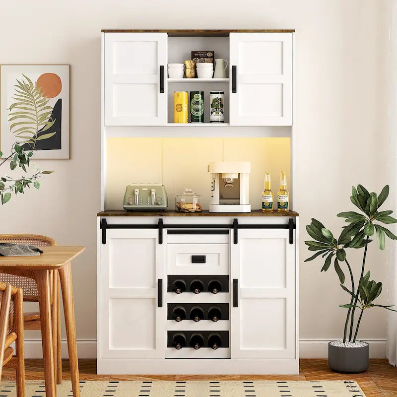 Rustic White Farmhouse Bar Cabinet with Sliding Barn Door - Spacious Kitchen Buffet and Coffee Bar Sideboard Table - image 1