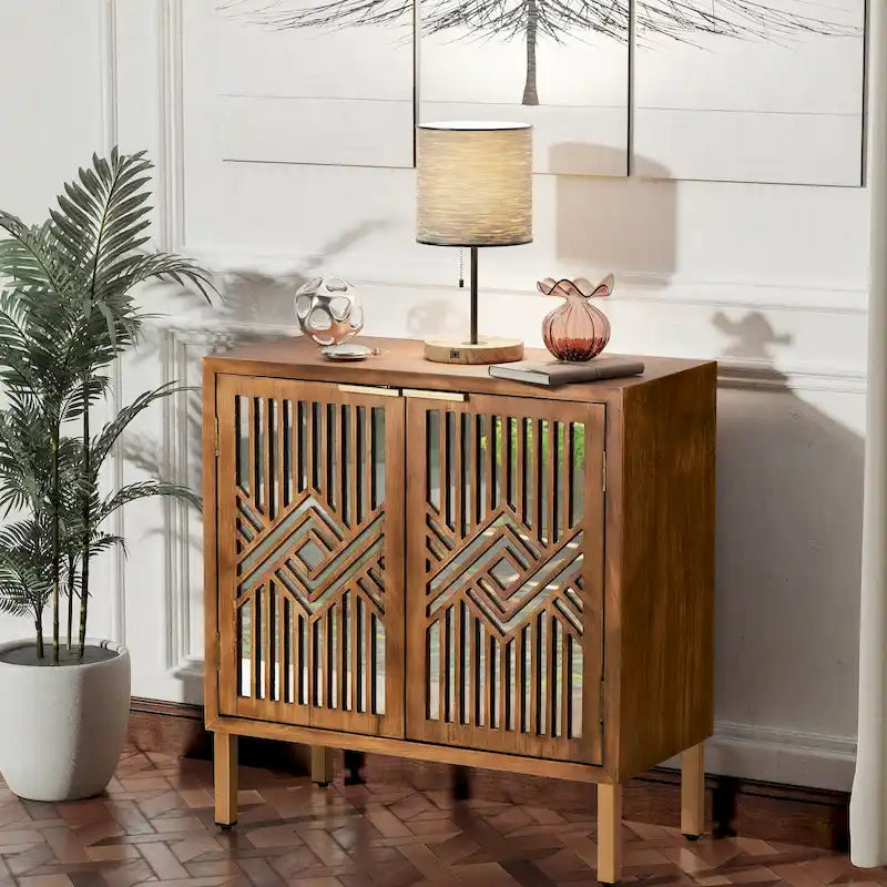 COZAYH Rustic Farmhouse Accent Cabinet with Geometric Mirror Fronts - image 2