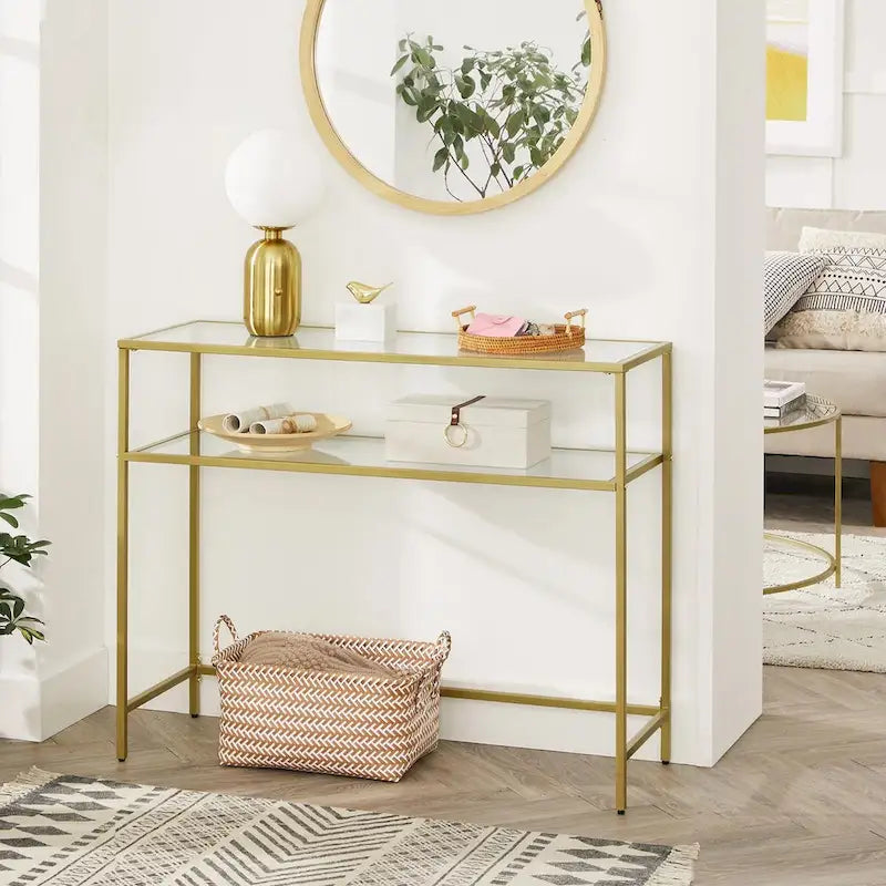 Elegant Gold Tempered Glass Console Table with Metal Frame and Dual Shelves - 39.4L x 13.8W x 31.5H - image 4