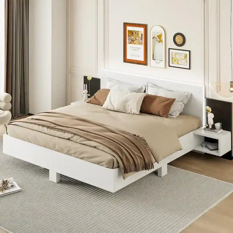 Modern King Size Wooden Floating Bed Frame with Nightstand and LED - Slatted Support Design - image 22