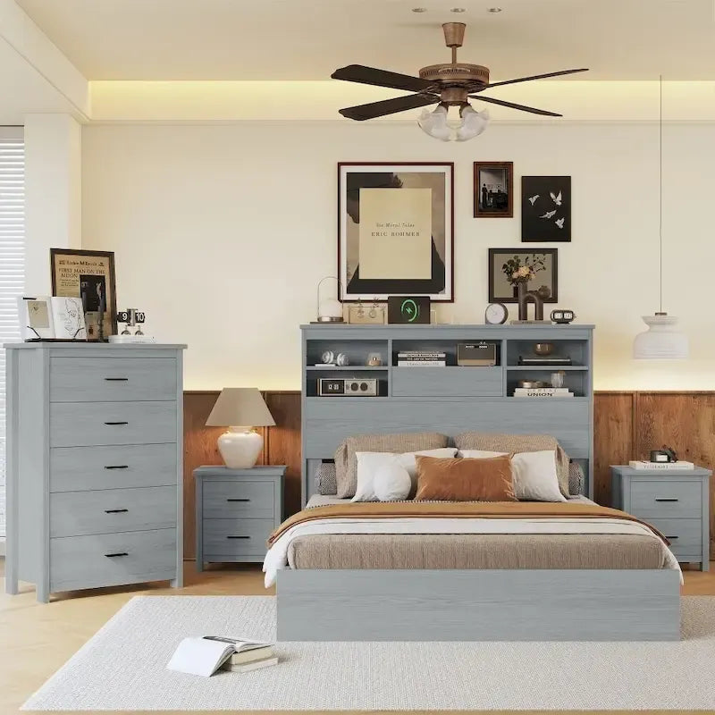 Vintage Queen Size Bedroom Set: 4-Piece Wooden Bed Frame with 2 Nightstands and 1 Dresser - image 2