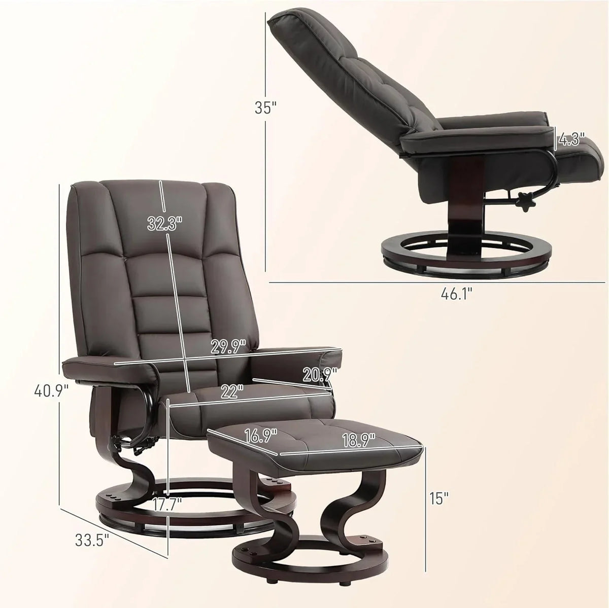 Faux Leather Recliner Chair with Swivel Ottoman High Back and Wood Frame Brown - image 3