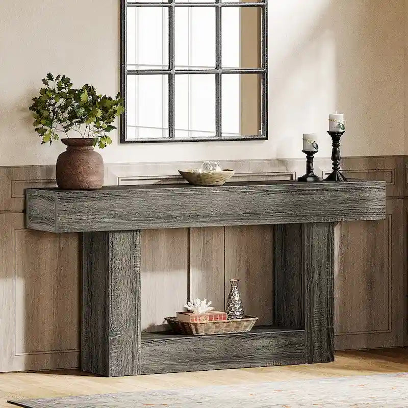 63-Inch Brown and Gray Slim Wooden Console Table for Entryway - image 32