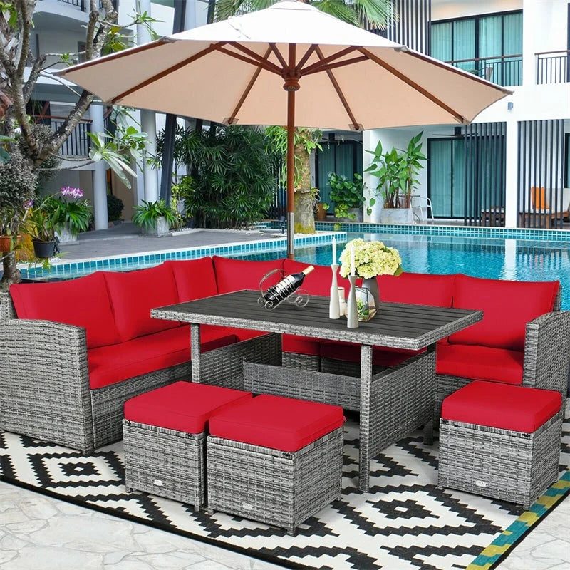 7 Pcs Rattan Patio Dining Furniture Sectional Sofa Set with Dining Table, Ottomans & Cushions - image 17